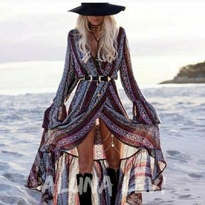 Bohemian Front Split Maxi Dress, Long Bell Sleeves